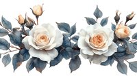 Elegant white and peach roses with dusty blue leaves arranged in horizontal composition, seamless floral border pattern for wedding stationery and decor.