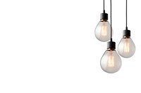 Three illuminated vintage Edison light bulbs hanging from black cords against white background, minimalist design lighting fixture isolated for decor projects.