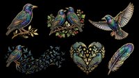 Starling birds with iridescent plumage isolated on transparent background. Ready for t-shirt design, clipart, stickers, sublimation, print-on-demand products and digital crafts.