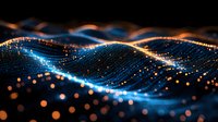 Glowing digital wave pattern with blue and orange particles flowing in dynamic motion against dark background, creating futuristic technology visualization.