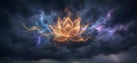 Golden lotus flower glowing with mystical energy surrounded by electric lightning bolts and storm clouds creating spiritual awakening atmosphere.