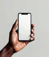 African American male hand holding modern smartphone with blank white screen mockup against neutral gray background for app presentation and design.