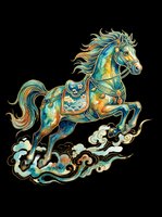 Ornate horse with flowing mane and tail, decorated in turquoise, gold, and orange tones, leaping through stylized clouds. Isolated on transparent background, ready for t-shirts, stickers, and print-on-demand designs.