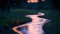 Winding creek illuminated by string lights along its banks creates magical evening atmosphere in green meadow, reflecting golden glow on water surface at dusk.