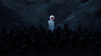 Mysterious glowing figure stands out in dark crowd, red heart-shaped head illuminated against stormy sky, surreal atmospheric artwork for emotional concepts.