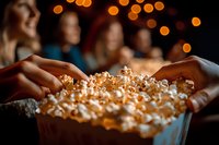 Hands sharing popcorn bucket in movie theater with blurred audience and warm bokeh lights in background, perfect for entertainment concepts.