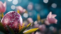 Sparkling water droplets on burgundy tulip petals create magical bokeh effect against blurred teal background with pink spring flowers.
