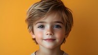 Young boy with tousled blonde hair and blue eyes smiling against vibrant yellow background, creating warm positive mood for childhood, parenting, and education concepts.