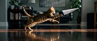 Brown tabby cat stretching horizontally on wooden floor in modern living room with furniture and plants, playful pet behavior and home interior design.