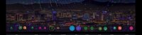 Nighttime urban skyline with illuminated buildings and colorful neon lights reflecting on wet streets, suitable for backgrounds, web design, and digital projects.