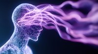 Glowing purple energy streams flowing from digital wireframe head silhouette against dark background, representing consciousness and mind power concept.