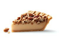 Slice of creamy vanilla custard pie topped with crunchy pecans and caramel drizzle on flaky golden crust, served on white background. Homestyle dessert.