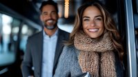Cheerful young woman in warm knitted scarf and sweater with mature businessman in background at modern office building. Corporate lifestyle portrait.
