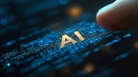 Glowing AI text on digital circuit board background with finger touching, representing artificial intelligence and future technology concept in blue tones.
