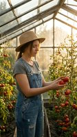 Young woman farmer in straw hat and denim overalls harvesting fresh red tomatoes in sunny greenhouse, sustainable agriculture and organic farming concept.