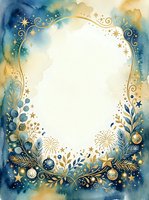 Elegant watercolor frame with gold stars, ornamental swirls, botanical elements, and decorative baubles on white background. Isolated design suitable for invitations, greeting cards, posters, and digital projects.