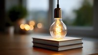 Glowing vintage light bulb on stack of books with soft bokeh background creates cozy atmosphere for reading, studying or creative inspiration.