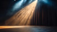 Dramatic stage lighting creates atmospheric rays cutting through darkness onto empty theater floor, spotlight beam illuminates wooden performance space in orange glow.