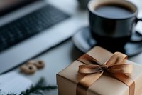 Elegant gift box with copper satin bow on desk with coffee cup and laptop keyboard. Pine branches add festive holiday mood to workspace setting.