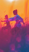 Silhouettes of women dancing in tall grass at sunset with vibrant orange and purple gradient background, creating dreamy atmospheric mood.