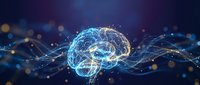 Digital brain network with glowing neural connections and data streams on dark background for artificial intelligence and technology concepts.
