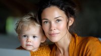 Young Caucasian mother in orange sweater with toddler child looking at camera, close up portrait against blurred background showing tender family moment.