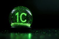 Glowing green snow globe with number 1C illuminated inside against dark background, magical sparkles and reflections create mysterious atmosphere.