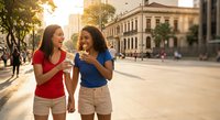 Two young women enjoying ice cream cones while walking through sunny city street during golden hour with historic architecture in background.