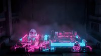 Neon-lit futuristic cityscape with glowing pink and cyan geometric structures, illuminated spheres, and digital architecture creating a cyberpunk atmosphere for sci-fi and tech projects.