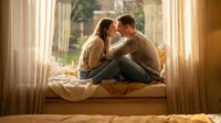 Young couple sharing intimate moment sitting on bed by window with warm sunlight streaming through curtains in cozy bedroom for romance and relationship concepts.