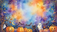 Watercolor Halloween background with pumpkins, ghosts, black cat, bats, spider webs, and stars, featuring colorful copy space for text.