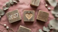 Wooden blocks with 2027 text and heart symbol arranged on pink fabric with eucalyptus leaves and beads for new year planning and festive design projects.