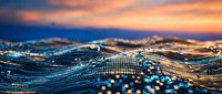 Abstract digital wave with glowing particles and bokeh lights creating futuristic data visualization against warm sunset sky background for technology concepts.