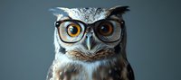 Wise owl wearing black rimmed glasses against dark background, close up portrait with focus on bright orange eyes and detailed feathers. Academic wisdom concept.