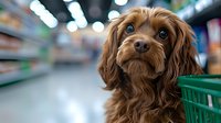 Brown Cavalier King Charles Spaniel puppy with expressive eyes looking up while shopping, green cart visible in blurred supermarket background.