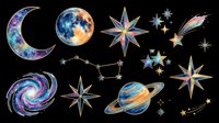 Celestial elements collection featuring crescent moon, planets, stars, and cosmic objects isolated on transparent background. Ready for t-shirt design, clipart, stickers, sublimation, and print-on-demand projects.