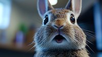 Surprised rabbit with wide eyes and open mouth indoors, expressing shock or amazement, suitable for humorous content, memes, and emotional reaction graphics.