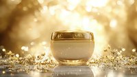 Luxurious cream jar on golden glitter background with bokeh lights and reflective surface, elegant cosmetic product presentation for skincare and beauty industry.