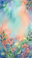 Watercolor gradient background with soft pastel transitions from blue, turquoise, peach and purple, decorated with ornamental floral elements and gold accents. Suitable for invitations, greeting cards and design projects.