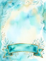 Watercolor turquoise and gold frame with botanical leaf elements and blank banner ribbon, isolated on white background for greeting cards, invitations, and design projects.