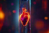 Glowing anatomical heart suspended in glass tube with vibrant red and orange illumination against dark background with colorful bokeh lights.