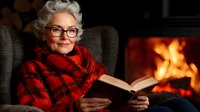 Mature woman with silver hair and glasses relaxing in armchair, reading book by cozy fireplace while wearing red plaid blanket scarf on winter evening.