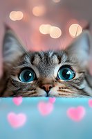 Curious cat with striking blue eyes peeks over edge with pink heart bokeh background, creating whimsical Valentine's Day or love-themed mood for greeting cards.