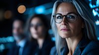Confident mature businesswoman with glasses in corporate environment, focused expression, blonde hair, wearing blue blazer against blurred office background.