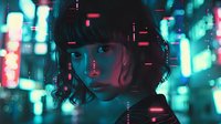 Young woman with short dark hair in futuristic cyberpunk cityscape illuminated by neon lights and digital elements creating atmospheric night scene.