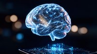 Glowing digital brain hologram floating over circuit board interface with blue light effects and neural connections, representing artificial intelligence technology.