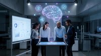 Business team collaborating in modern office with holographic brain and data visualization, representing artificial intelligence, innovation, and digital transformation technology solutions.