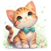Adorable ginger kitten with big turquoise eyes wearing mint bow tie sitting among spring flowers, artistic cartoon style illustration on soft pastel background.