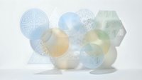 Abstract geometric composition with translucent hexagonal and circular shapes in soft pastel colors creating modern minimalist design for contemporary projects.