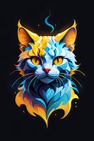 Mystical cat portrait in vibrant blue and orange gradient colors with geometric art style on black background. Perfect for modern wall art, t-shirt prints, and fantasy illustrations.